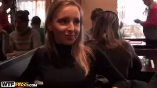 Adorable blonde babe meet a guy in a cafe and fucks him in a toilet right away