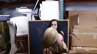 Lesbian couple banged by horny pawn guy in storage room