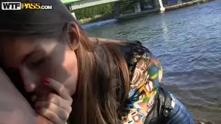 Flat as board light haired amateur nympho sucks a dick near the river